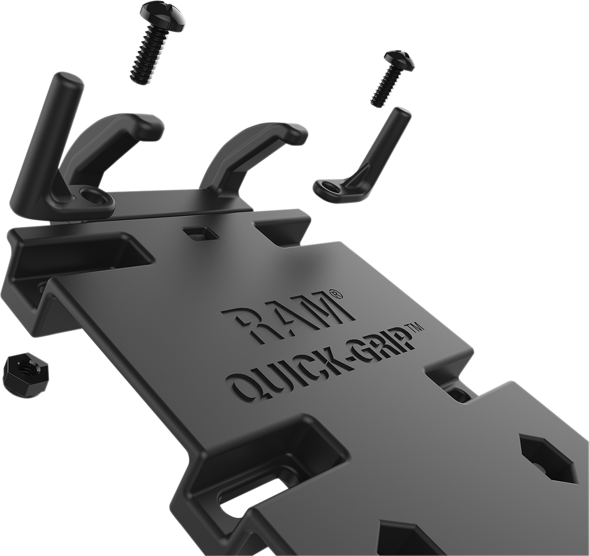 RAM MOUNTS XL Phone Holder with Quick Grip ball mount attached to engine, designed for secure phone mounting in vehicles.