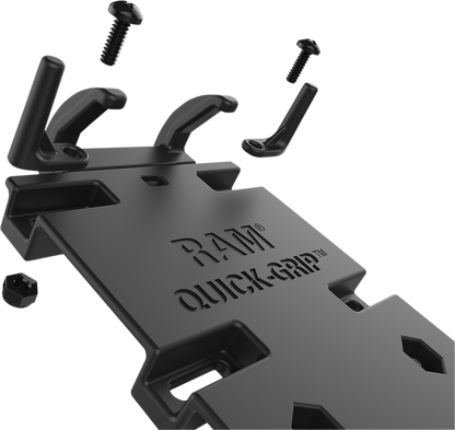 RAM MOUNTS XL Phone Holder with Quick Grip ball mount attached to engine, designed for secure phone mounting in vehicles.