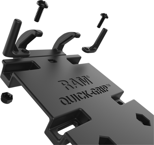 RAM MOUNTS XL Phone Holder with Quick Grip ball mount attached to engine, designed for secure phone mounting in vehicles.