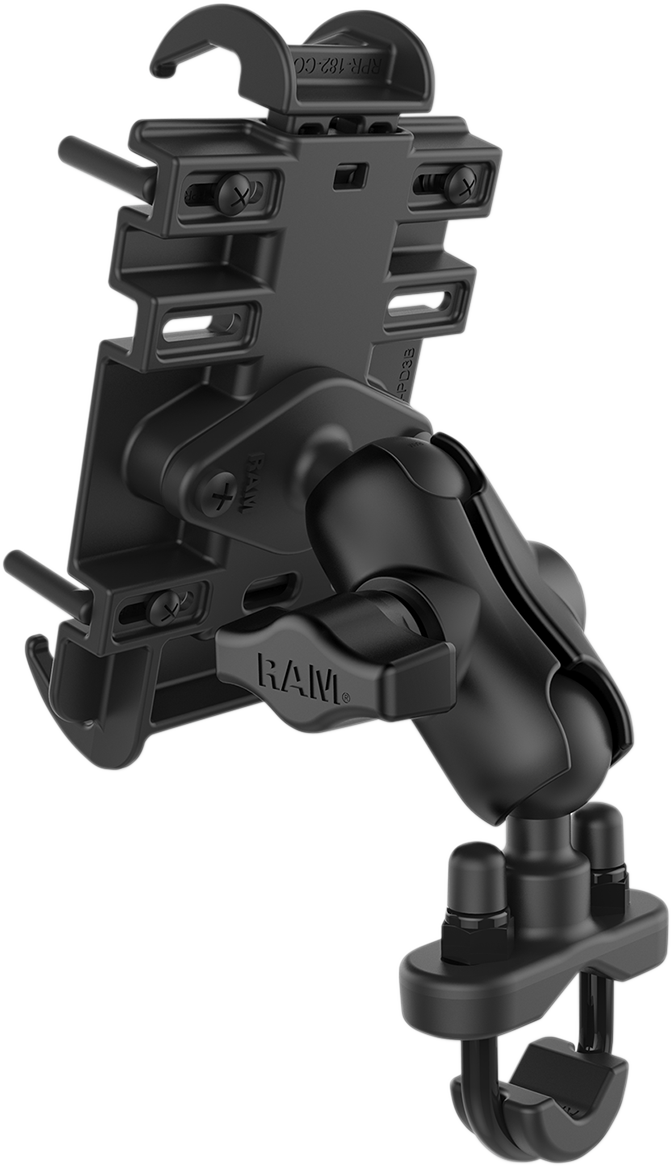RAM Mounts Phone Mount Quick Grip with U-bolt base installed on an engine for secure hands-free phone access.