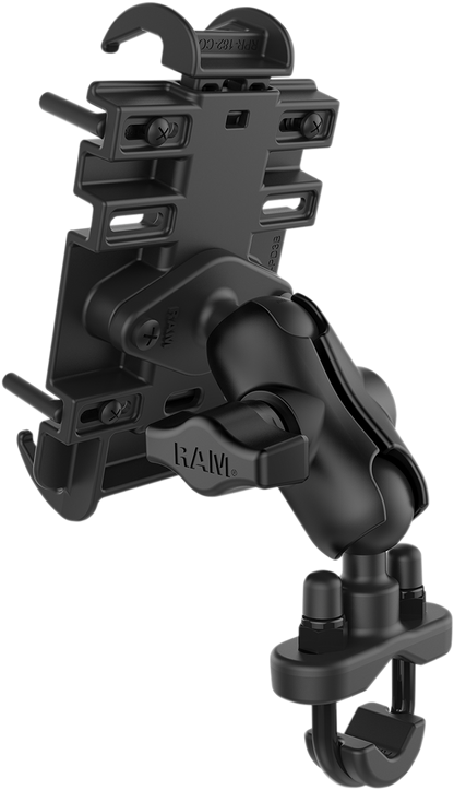RAM Mounts Phone Mount Quick Grip with U-bolt base installed on an engine for secure hands-free phone access.
