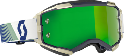 Scott Fury Goggle in blue and green with reflective lenses, designed for motorcycle riding, by Bill's Exhausts.