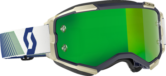 Scott Fury Goggle in blue and green with reflective lenses, designed for motorcycle riding, by Bill's Exhausts.