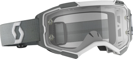 Scott Fury Goggle in white and gray with clear lenses, designed for motorcycle riding protection and visibility.