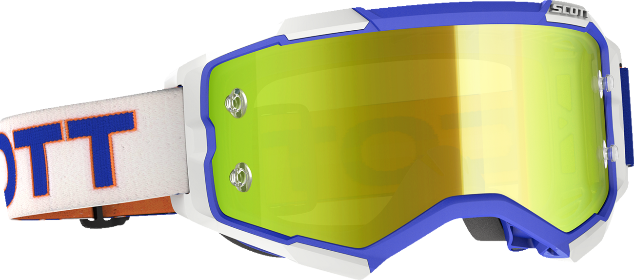 Scott Fury Goggles in retro white and blue with yellow accents, designed for motorcycle riding, by Bill's Exhausts.