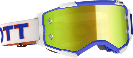 Scott Fury Goggles in retro white and blue with yellow accents, designed for motorcycle riding, by Bill's Exhausts.