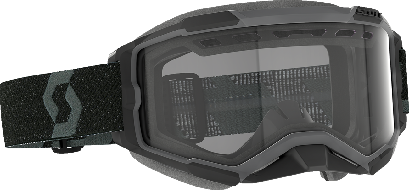 Scott Fury snow goggles in black with clear lenses, designed for winter sports and outdoor activities.
