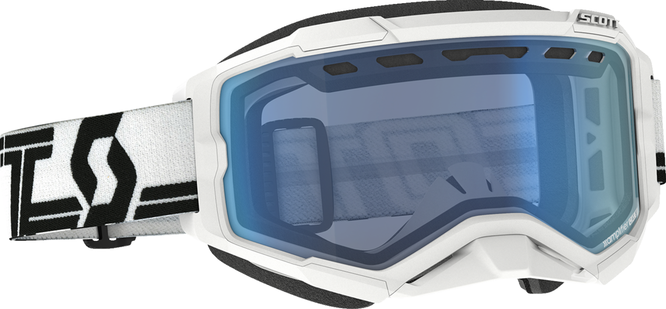Scott Fury Snow Goggles in white, black, and blue with tinted lenses, designed for winter sports and snow protection.
