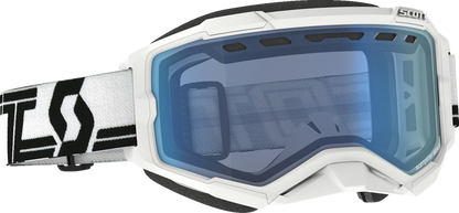 Scott Fury Snow Goggles in white, black, and blue with tinted lenses, designed for winter sports and snow protection.
