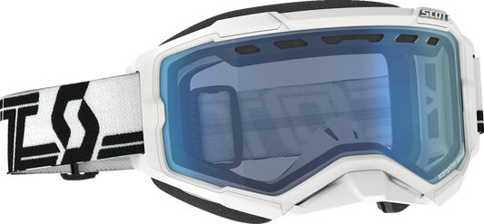 Scott Fury Snow Goggles in white, black, and blue with tinted lenses, designed for winter sports and snow protection.