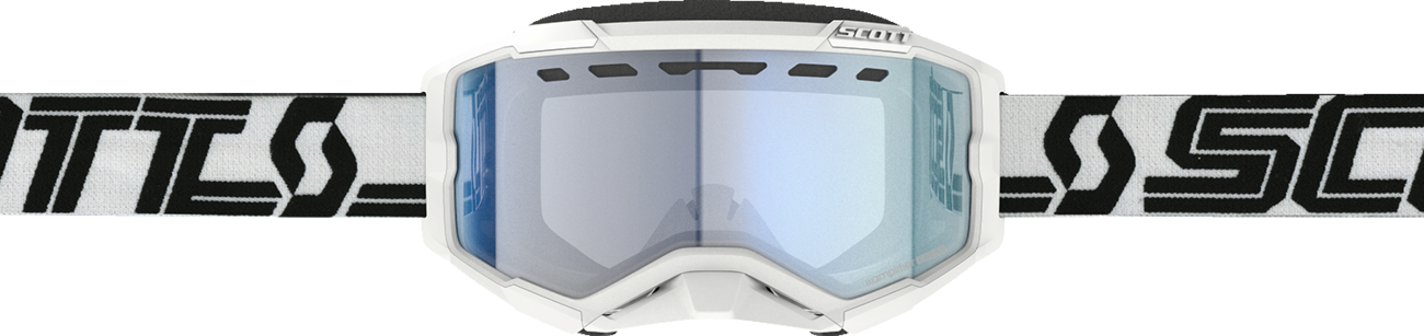 Scott Fury Snow Goggles in white, black, and blue, designed for winter sports protection and clear visibility.