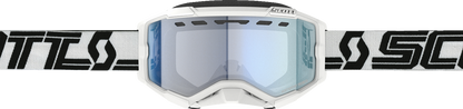 Scott Fury Snow Goggles in white, black, and blue, designed for winter sports protection and clear visibility.