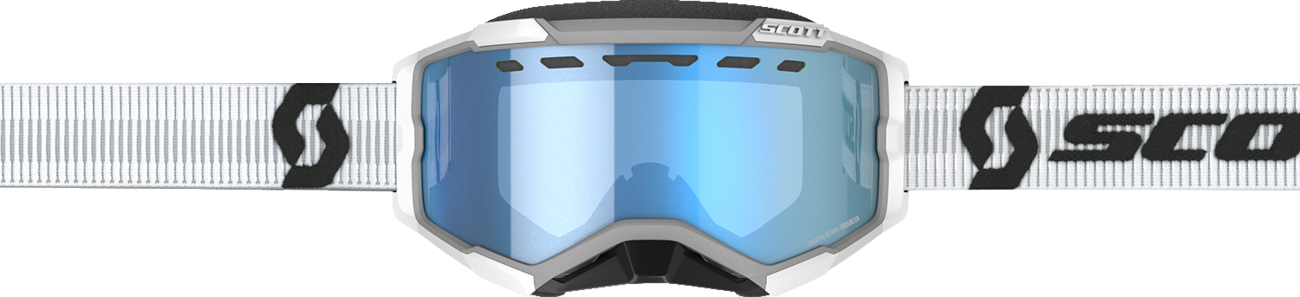 Scott Fury Snow Goggles in white and blue, featuring a sleek design and adjustable strap, ideal for winter sports.