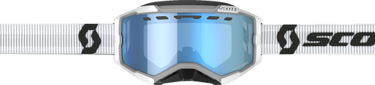 Scott Fury Snow Goggles in white and blue, featuring a sleek design and adjustable strap, ideal for winter sports.