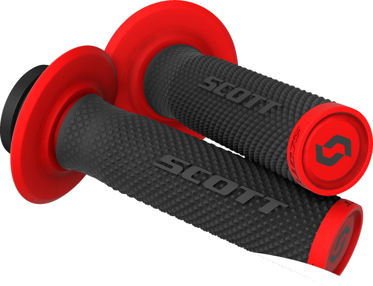 Scott SX II Lock-On grips in black and red mounted on a motorcycle engine, showcasing their ergonomic design and secure fit.