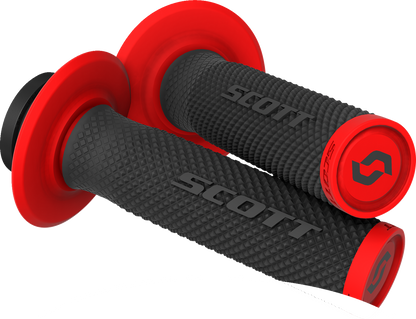 Scott SX II Lock-On grips in black and red mounted on a motorcycle engine, showcasing their ergonomic design and secure fit.