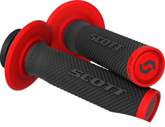 Scott SX II Lock-On grips in black and red mounted on a motorcycle engine, showcasing their ergonomic design and secure fit.