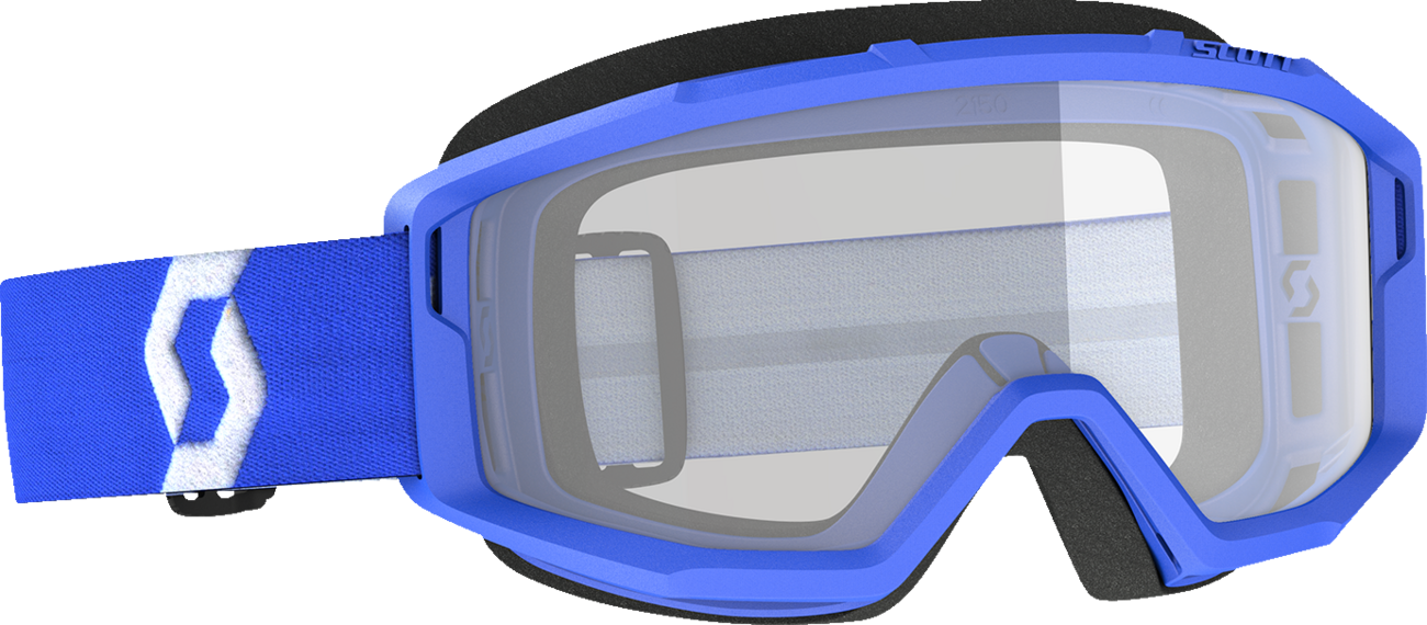 Scott Primal Goggles in blue with clear lenses, designed for engine protection, featuring a secure fit and durable construction.