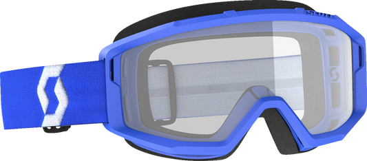 Scott Primal Goggles in blue with clear lenses, designed for engine protection, featuring a secure fit and durable construction.