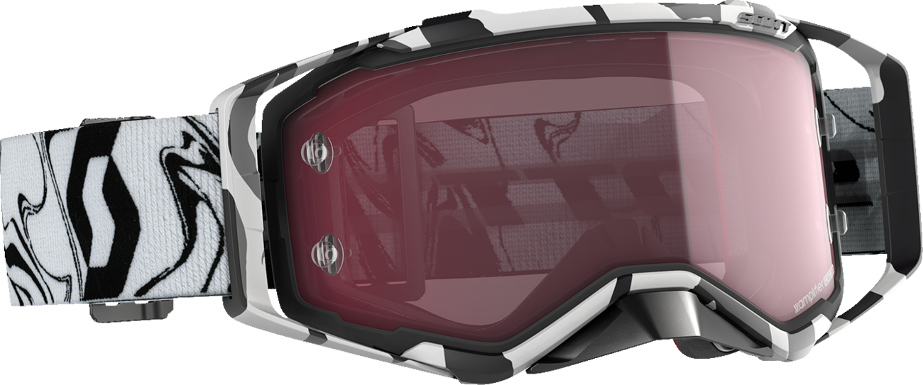 Scott Prospect Amplifier Goggles in Marble Black and White with Rose accents, designed for motorcycle riding.