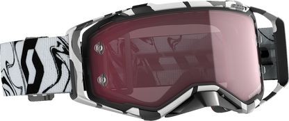 Scott Prospect Amplifier Goggles in Marble Black and White with Rose accents, designed for motorcycle riding.