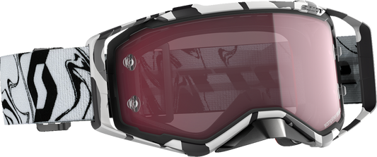 Scott Prospect Amplifier Goggles in Marble Black and White with Rose accents, designed for motorcycle riding.