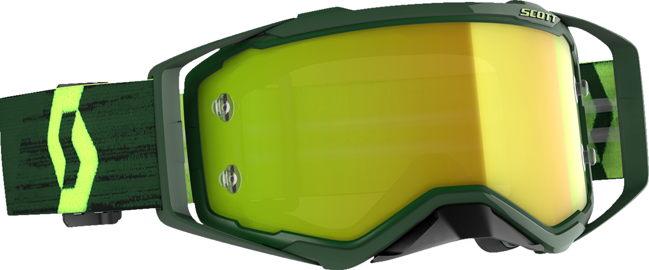 Scott Prospect Goggles in green and hi-viz yellow with yellow chrome finish, designed for engine protection and visibility.