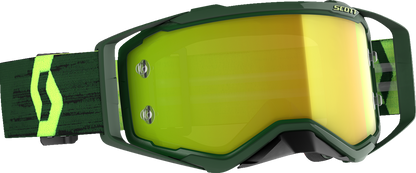 Scott Prospect Goggles in green and hi-viz yellow with yellow chrome finish, designed for engine protection and visibility.