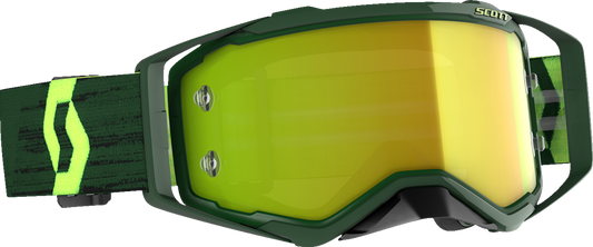 Scott Prospect Goggles in green and hi-viz yellow with yellow chrome finish, designed for engine protection and visibility.