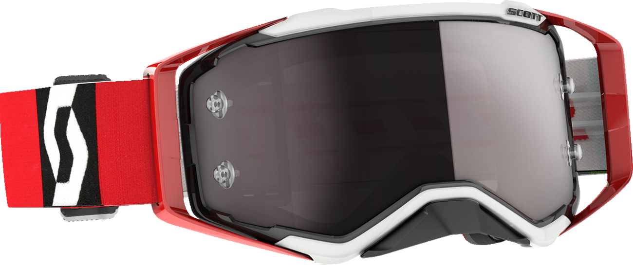 Scott Prospect Goggles in red and black with silver chrome accents, designed for motorcycle or engine protection.
