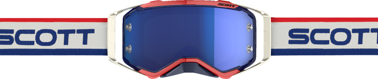 Scott Prospect Goggles in retro white and blue with blue chrome lens, designed for motorcycle or racing engine protection.