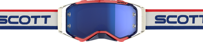 Scott Prospect Goggles in retro white and blue with blue chrome lens, designed for motorcycle or racing engine protection.