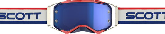 Scott Prospect Goggles in retro white and blue with blue chrome lens, designed for motorcycle or racing engine protection.