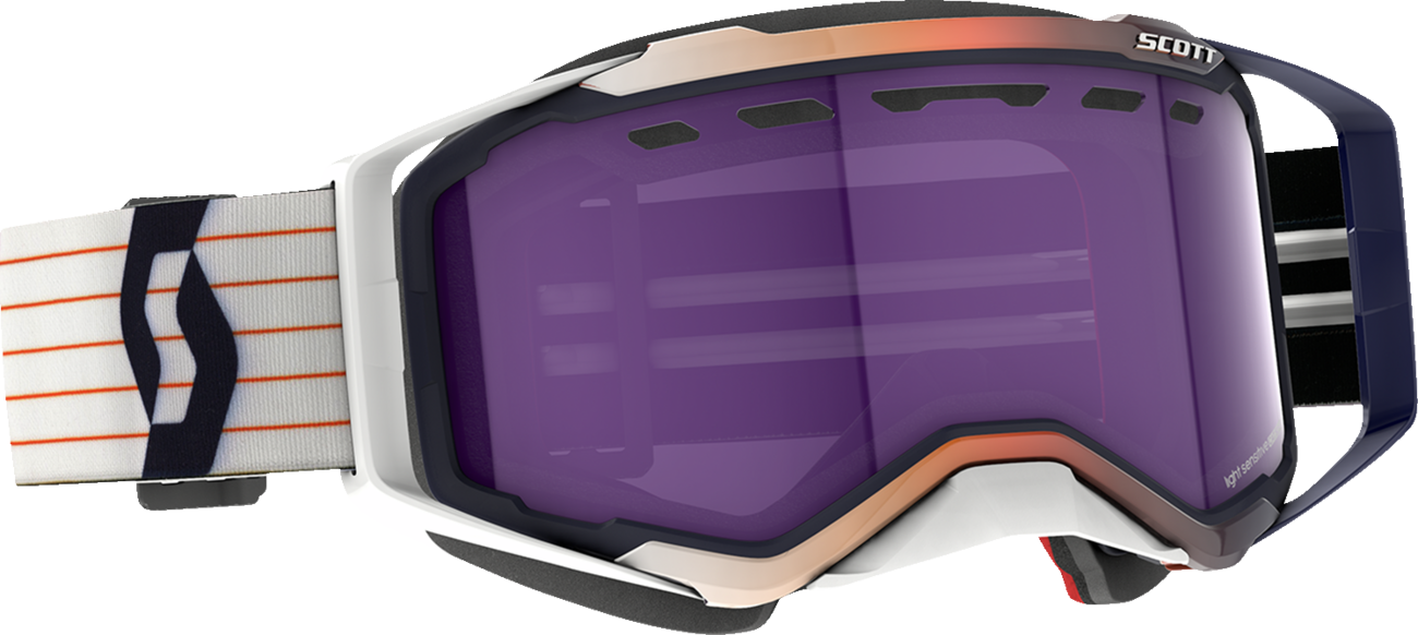 Scott Prospect Snow Goggles with light-sensitive blue and white frame and blue chrome lenses, designed for winter sports.