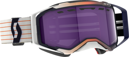 Scott Prospect Snow Goggles with light-sensitive blue and white frame and blue chrome lenses, designed for winter sports.