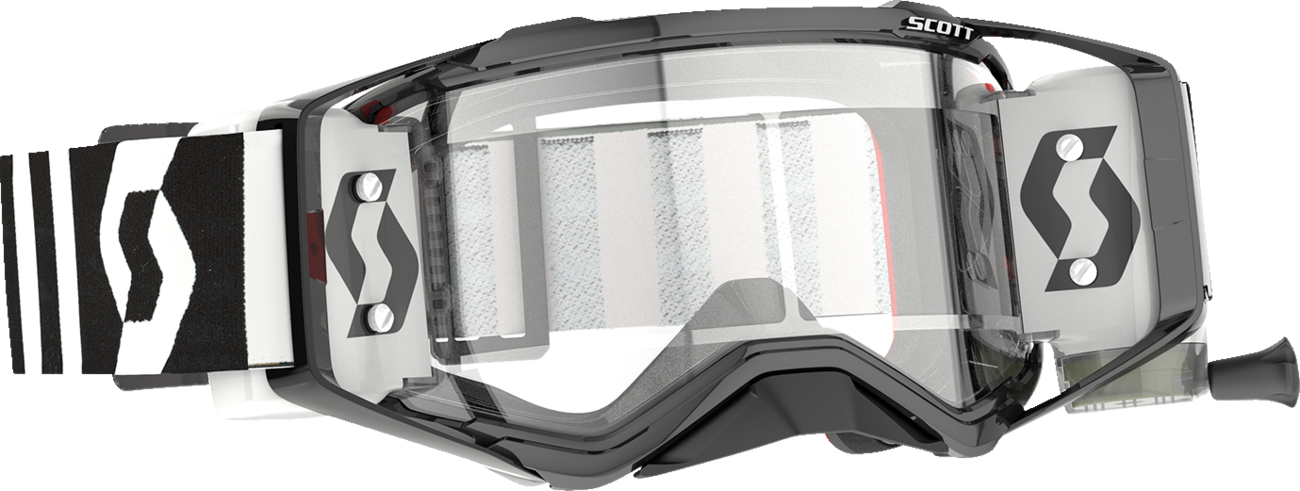 Scott Prospect WFS racing black and white goggles with clear lenses, designed for motorcycle engine protection and performance.