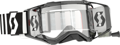 Scott Prospect WFS racing black and white goggles with clear lenses, designed for motorcycle engine protection and performance.