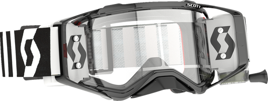 Scott Prospect WFS racing black and white goggles with clear lenses, designed for motorcycle engine protection and performance.