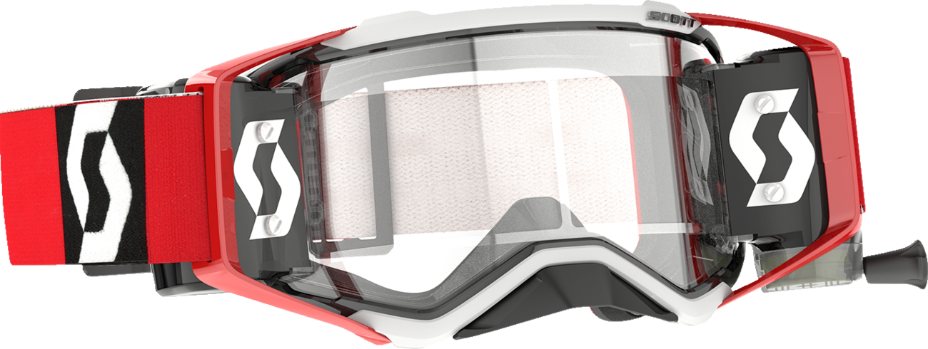 Scott Prospect WFS goggles in red and black with clear lenses, designed for motorcycle riding, featuring a sleek sporty look.