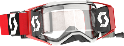 Scott Prospect WFS goggles in red and black with clear lenses, designed for motorcycle riding, featuring a sleek sporty look.