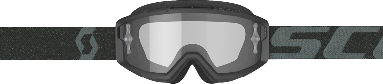 Scott Split OTG Sand Goggles in black and dark gray, designed for comfortable over-the-glasses wear, with a sturdy frame and clear lenses.
