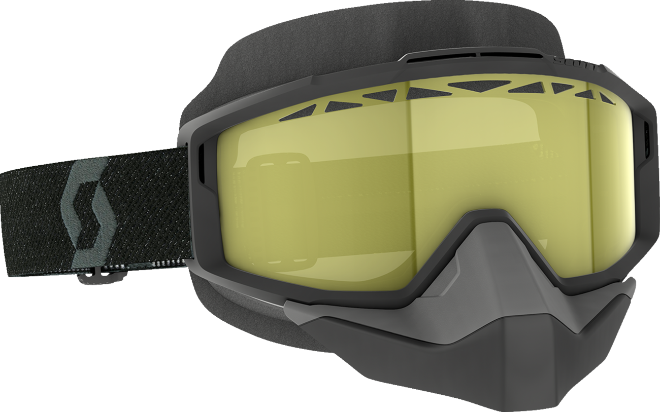 Scott Split Snow Goggles OTG in black and yellow, designed for snow sports, featuring adjustable straps and UV protection.