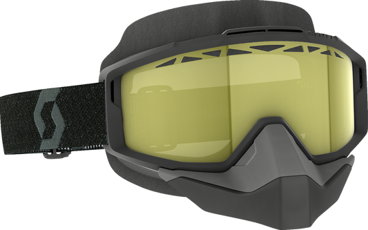 Scott Split Snow Goggles OTG in black and yellow, designed for snow sports, featuring adjustable straps and UV protection.
