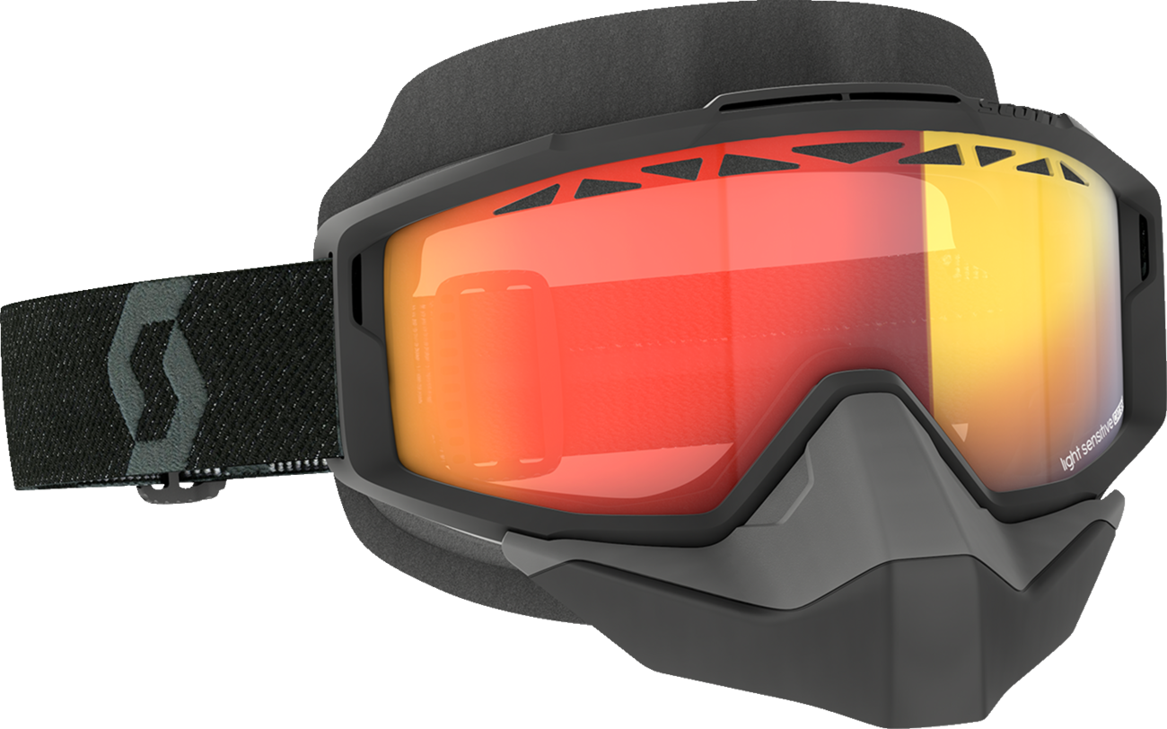 Scott Split Snow Goggles OTG with light-sensitive lenses in black and red chrome, designed for snow sports and outdoor winter activities.