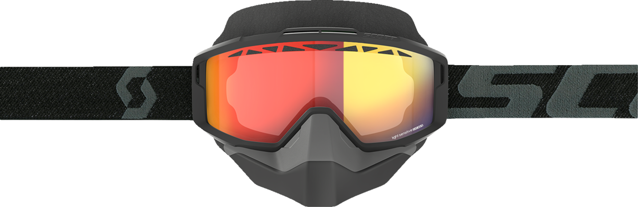 Scott Split Snow Goggles OTG with light-sensitive lenses, black frame, red chrome accents, designed for snow sports and outdoor use.