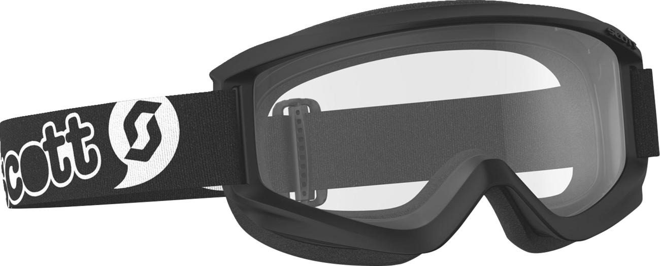 Scott Youth Agent Goggles in black with clear lenses, designed for young riders, featuring a snug fit and durable frame.