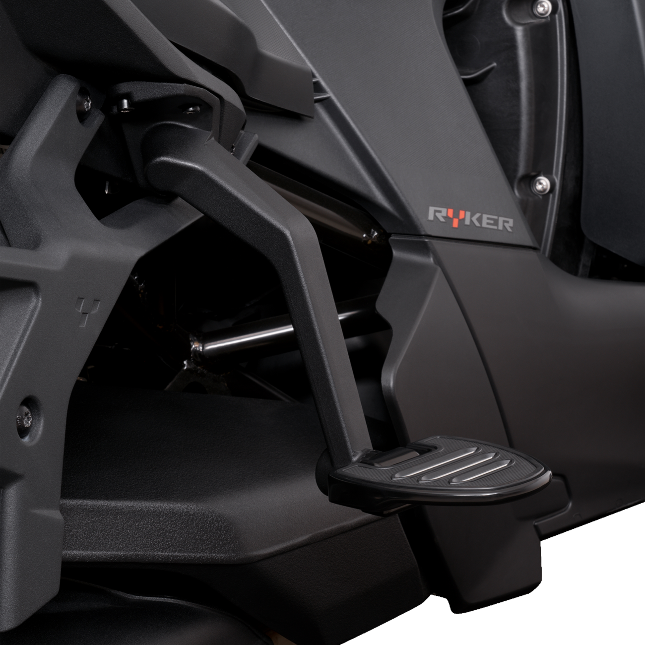 Show Chrome adjustable passenger boards for motorcycle engine by Bill's Exhausts, black finish with chrome accents.