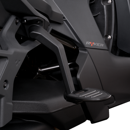 Show Chrome adjustable passenger boards for motorcycle engine by Bill's Exhausts, black finish with chrome accents.