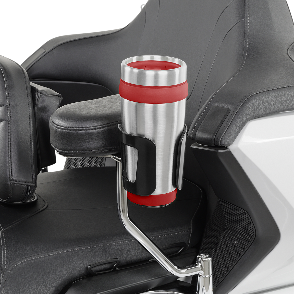 Black Show Chrome beverage holder for passenger engine, compatible with Bill's Exhausts motorcycles, designed for easy mounting.