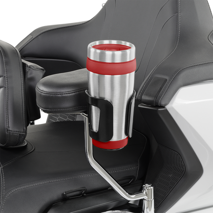Black Show Chrome beverage holder for passenger engine, compatible with Bill's Exhausts motorcycles, designed for easy mounting.